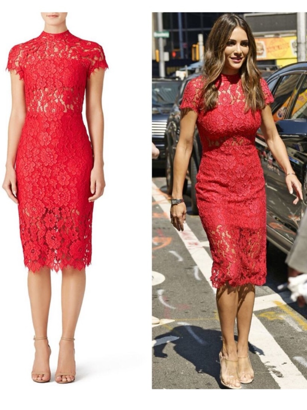 Alexis “Leona” Fiery Red Floral Lace Sheath Midi Dress Short Sleeve Red Size XS